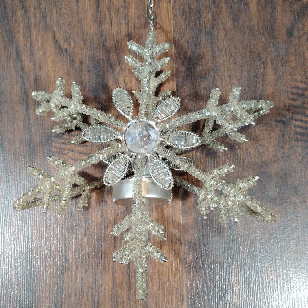 Vintage Clear & Silver Beaded Snowflake Tea Light Hanging Candle Holder 1960's